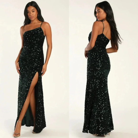 Lulus Won the Lottery Emerald Green Sequin One-Shoulder Maxi Dress M Wedding - Picture 1 of 11